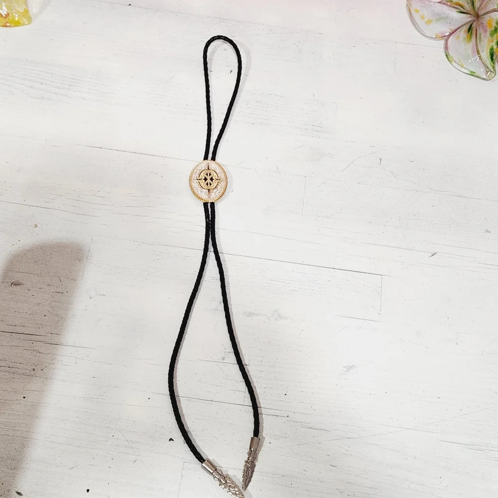 Vintage Ivan Brass Southwestern Western Concho Black Braided Leather Bolo Tie